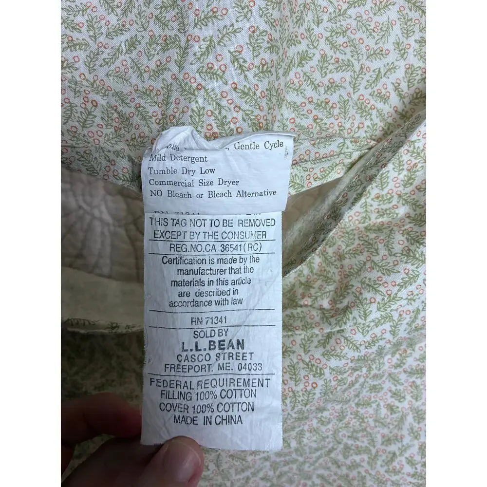 Vintage LL Bean Quilted Pillow Shams Set of 2 Sage Green Burgundy Floral Leaf
